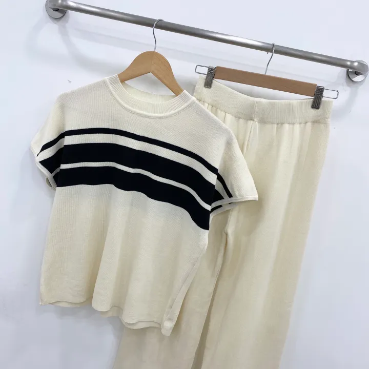 [set/1탄!]배색 니트 반팔 롱 와이드 팬츠 투피스 트레이닝 세트 2color 상세 이미지 15