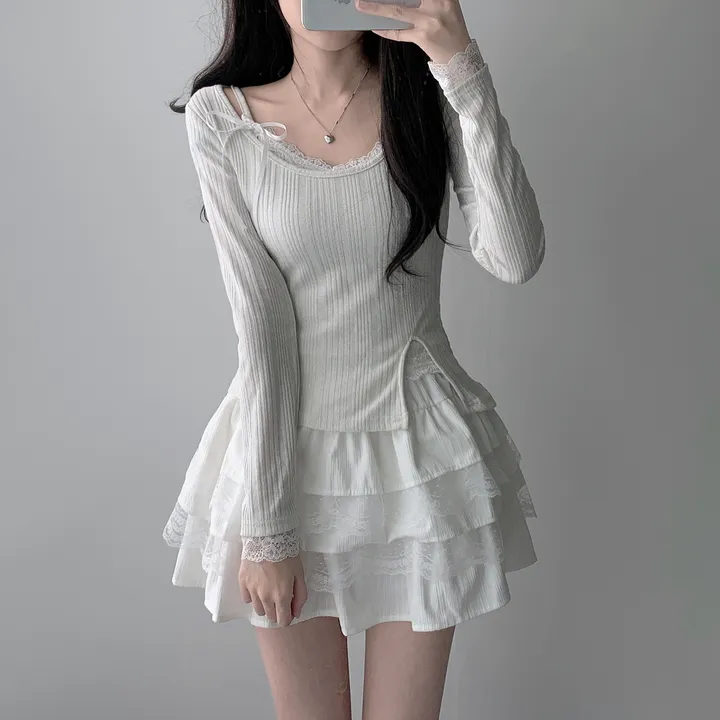 [은은한펄/러블리] 트윙클 골지 슬릿 펄 긴팔 티셔츠+레이스 리본 나시&슈아 밴딩 캉캉 미니 스커트 투피스 쓰리피스 코디세트 단품 세트 상세 이미지 18