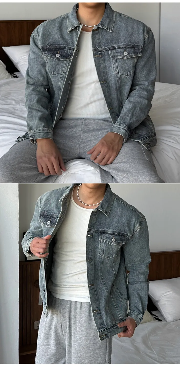 남자 비타 루즈 오버핏 봄 가을 투포켓 데님 청 자켓 연청 진청 상세 이미지 15