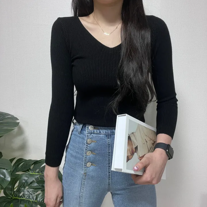 1000장 돌파! 🚀당일발송!🚀✨진짜최저가보장✨ 🎊봄까지 쭉!🎊 주문폭주 🎀리뷰극찬🎀 2개 구매시 묶음할인! 기본 슬림 골지 브이넥 니트 긴팔티 상세 이미지 42