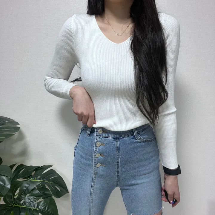 1000장 돌파! 🚀당일발송!🚀✨진짜최저가보장✨ 🎊봄까지 쭉!🎊 주문폭주 🎀리뷰극찬🎀 2개 구매시 묶음할인! 기본 슬림 골지 브이넥 니트 긴팔티 상세 이미지 9