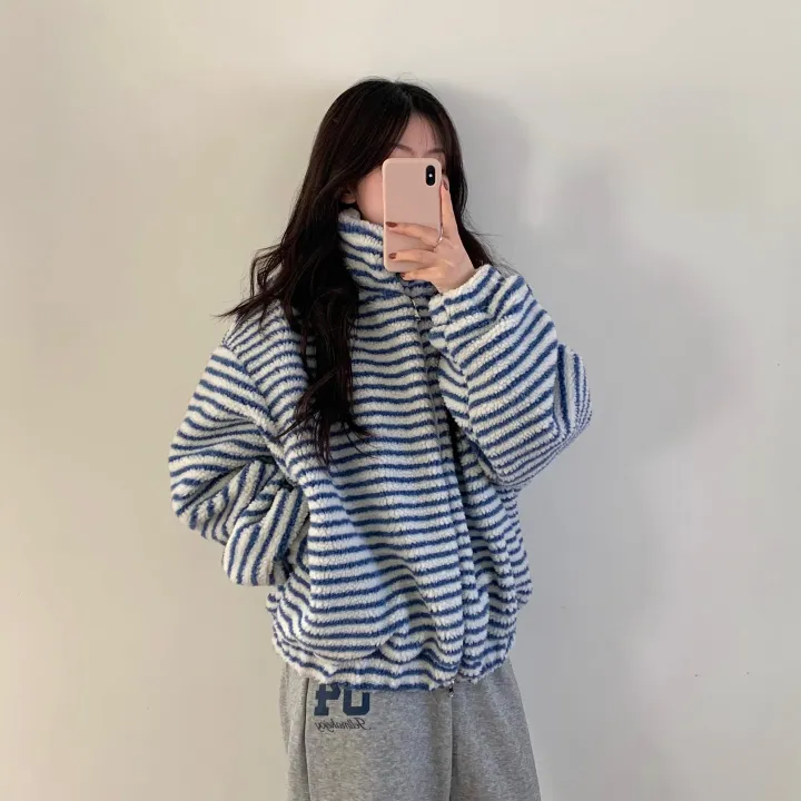 [☁뽀글후리스/투웨이] 뽀글 스트라이프 단가라 오버핏 후리스 / 스트라이프 점퍼 / 겨울 뽀글이 후리스 상세 이미지 23