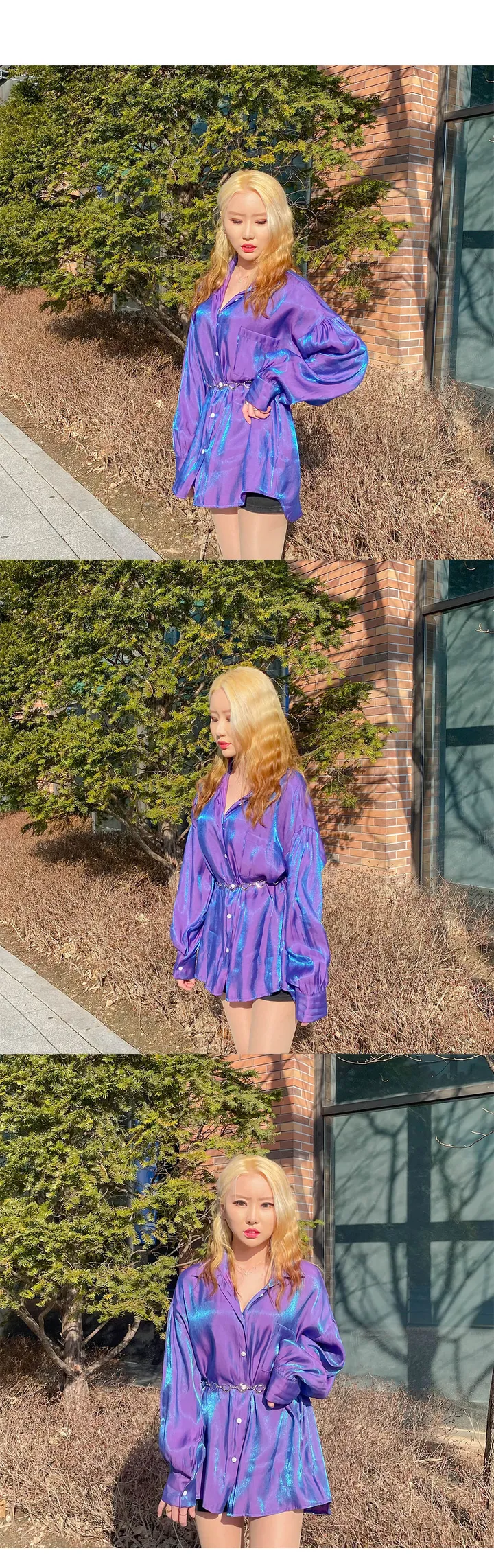 [당일출고] 투톤 오로라 루즈핏 퍼프 실크 블라우스 셔츠 / 빅사이즈 오버핏 / 연예인 아이돌의상 펜트하우스 루즈핏 글리터셔츠 반짝이 상세 이미지 5