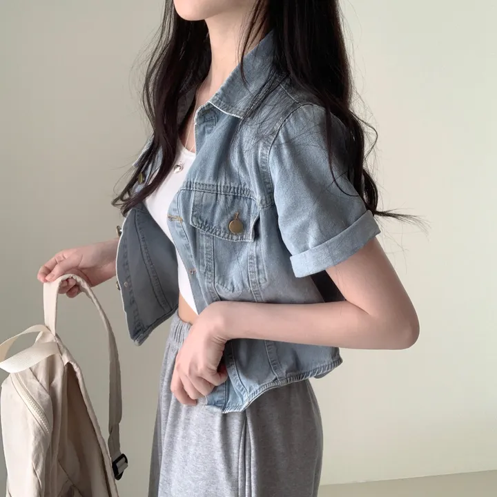 여름자켓종결🖤[데일리템!] 라이킷 라이드 투포켓 크롭 반팔 데님 셔츠 남방 청자켓 긴팔버전 추가 간절기 데님 아우터 상세 이미지 16
