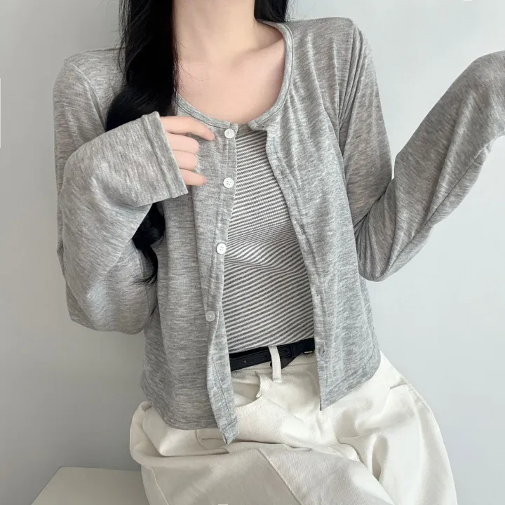 [데일리🖤] 여름 라운드 긴팔 가디건 + 단가라 스트라이프 나시 투피스 코디세트 - 세트,단품 선택가능 상세 이미지 4