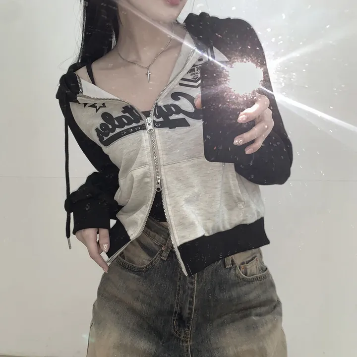 [y2k!힙무드] 투웨이 레터링 프린팅 나그랑 배색 크롭 후드집업 상세 이미지 6