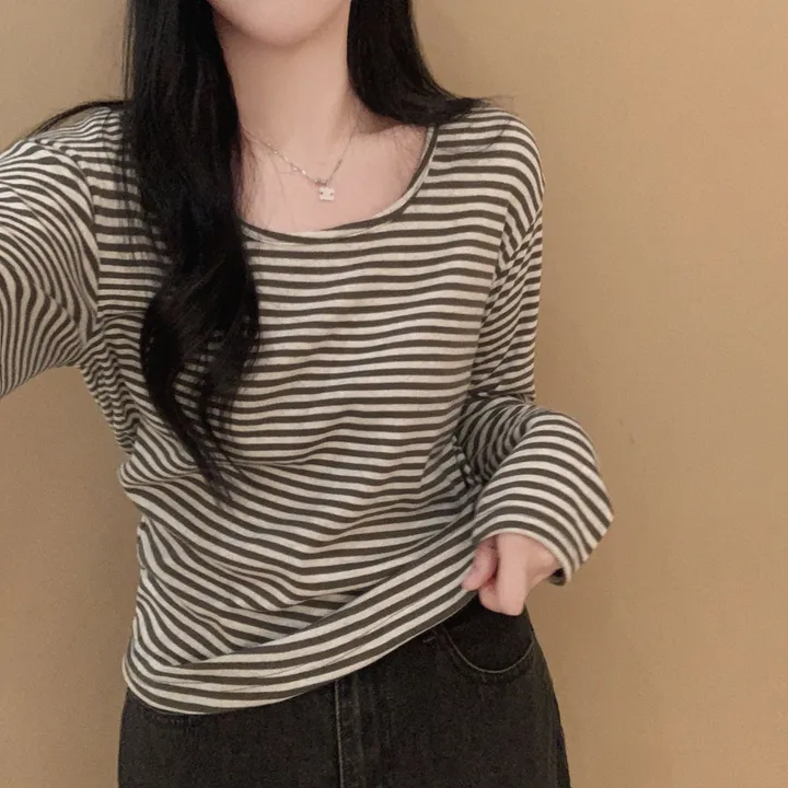 [팔말라핏🤍/단가라ver]팔뚝살 부각없는 3탄! 뉴페이스 단가라 스트라이프 스퀘어넥 루즈핏 긴팔티셔츠 상세 이미지 12