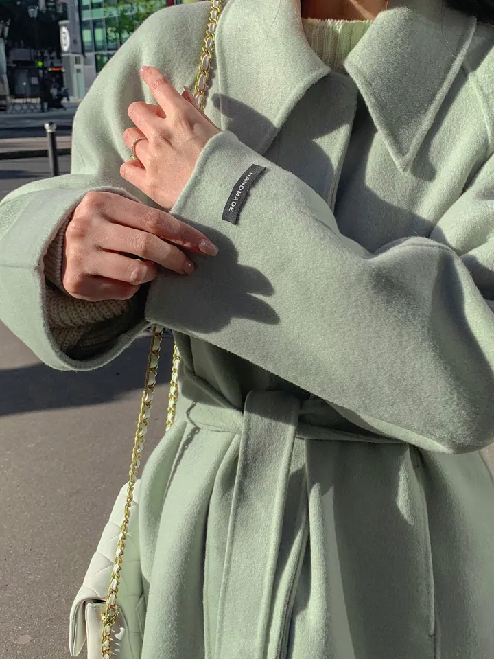 [메리노울100%🤎handmade] 백화점퀄 wool 핸드메이드 롱 울 코트 카라 로브 모직 루즈핏 벨트 싱글 히든버튼 트임 겨울 아우터 네이비 베이지 민트 3col 상세 이미지 42