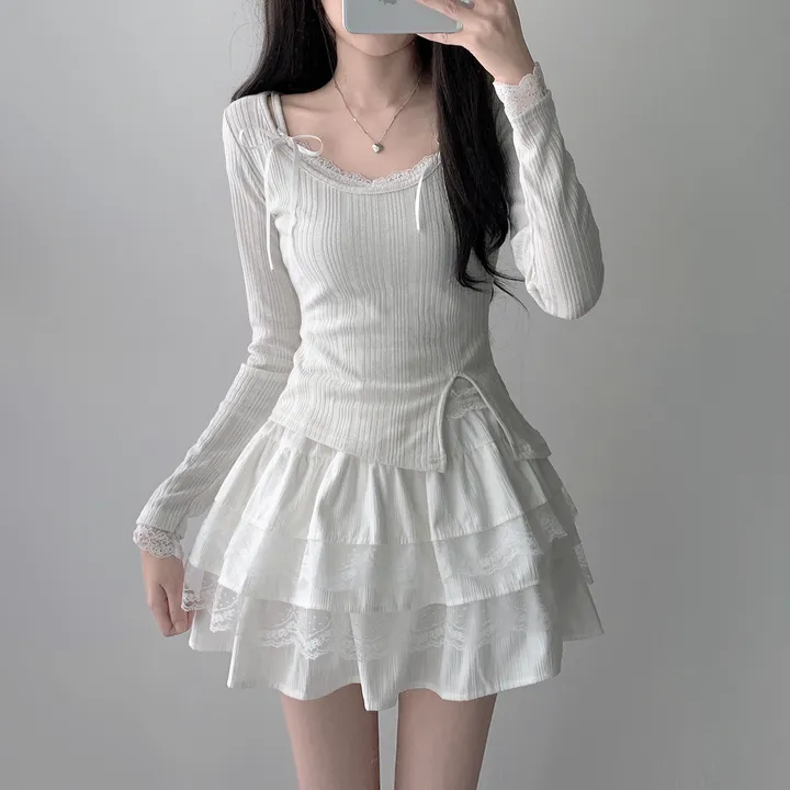 [은은한펄/러블리] 트윙클 골지 슬릿 펄 긴팔 티셔츠+레이스 리본 나시&슈아 밴딩 캉캉 미니 스커트 투피스 쓰리피스 코디세트 단품 세트 상세 이미지 22
