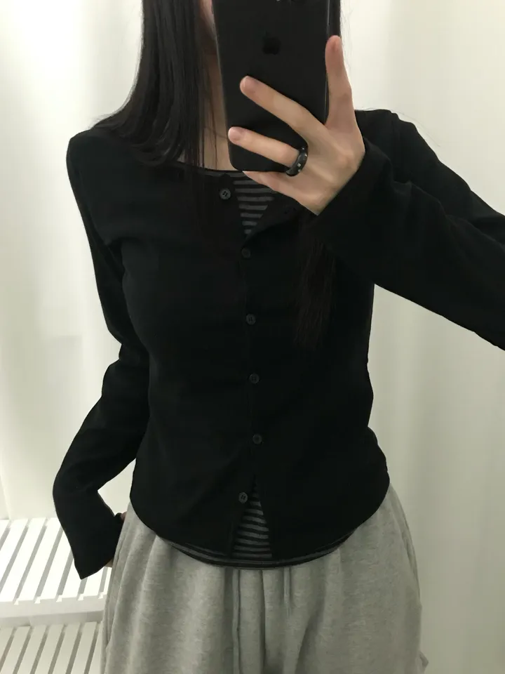 :일체형: 도즈 스트라이프 레이어드 라운드넥 여리핏 긴팔 가디건 티셔츠 (2color) 상세 이미지 13