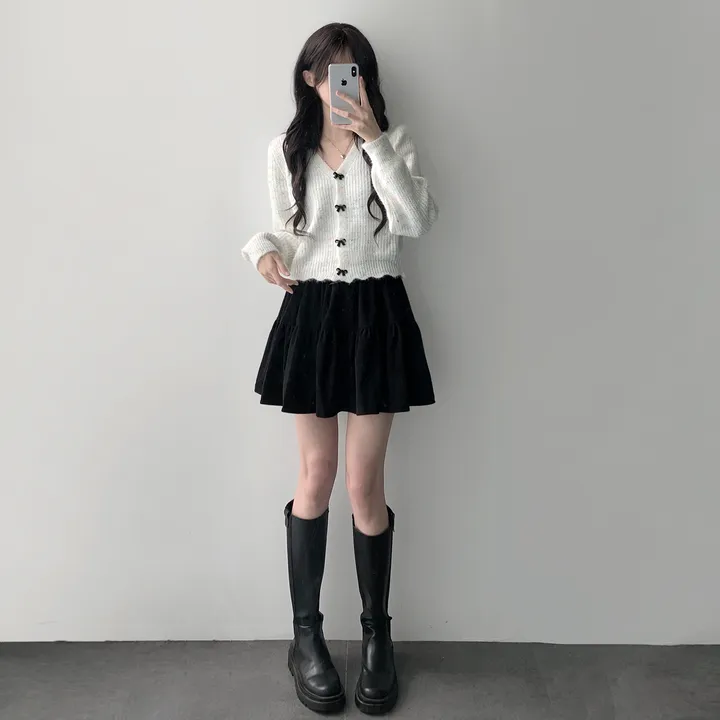 상의품절 [코디세트/귀여워요🤍] 솜사탕 보카시 리본단추 물결 니트 가디건+골덴 플레어 스커트 투피스 코디세트 상세 이미지 22