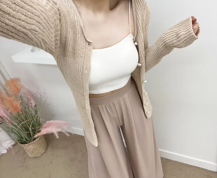 ✨여름부클소재!✨어깨패드O 언발 사선 진주 부클 가디건 니트 (4COLOR) 여름니트 여름가디건 진주버튼 옆단추 트임 가디건 상세 이미지 10