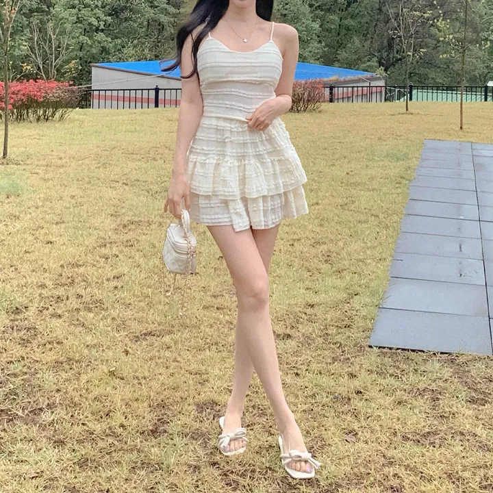 [나시스커트SET/고퀄ෆ러블리] 베링 레이스 프릴 뷔스티에 브이넥 캡 나시 + A라인 밴딩 캉캉 미니 스커트 투피스 세트 데이트룩 여행룩 바캉스룩 꾸안꾸 플리츠 발레코어 상세 이미지 15