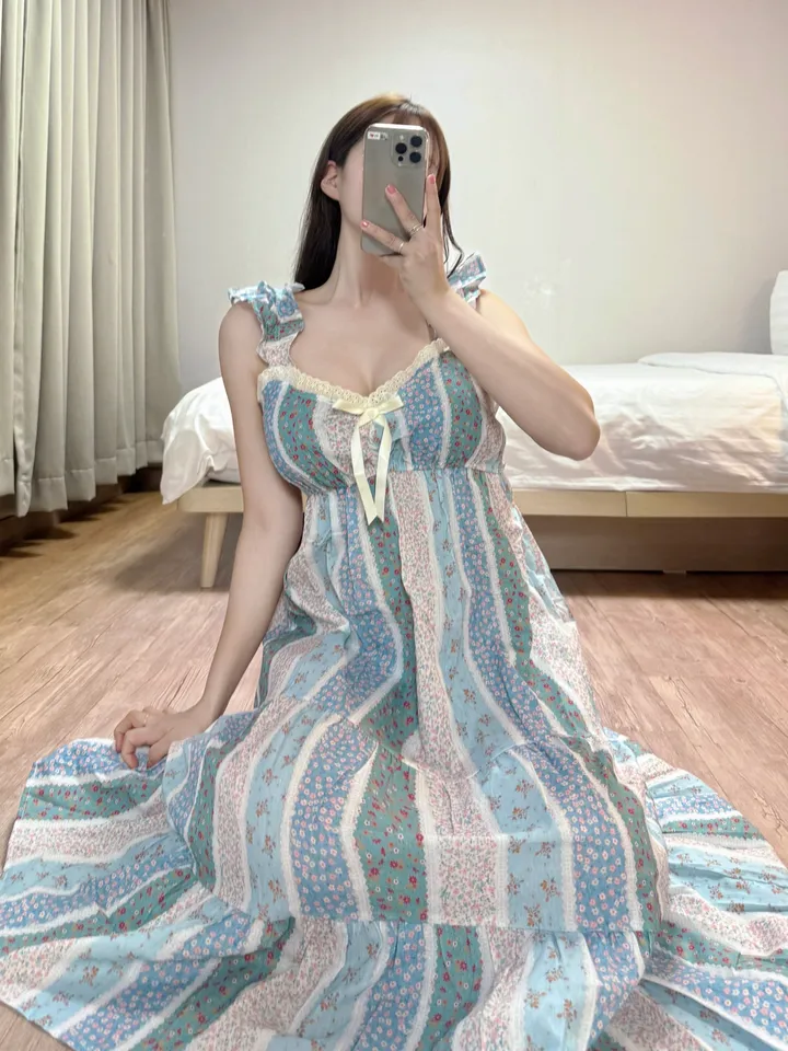 애순이홈웨어🍊🧡 잠옷 파자마 홈웨어 원피스 면 바캉스 롱원피스 공주잠옷 프릴나시원피스 촌캉스 민소매 2color 상세 이미지 6