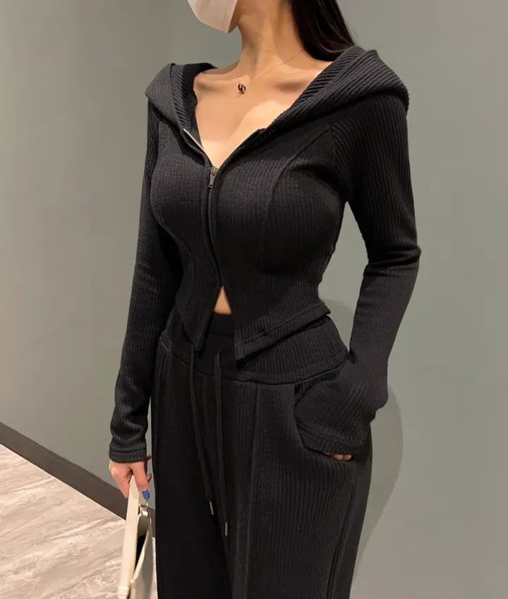 *봄ver* [MADE:컬러추가] #-3kg!! 슬림 빅후드ver.1 오프숄더 셋업 (5color) 슬림핏 크롭 후드집업 오프숄더집업 롱 와이드팬츠 트레이닝세트 상세 이미지 24