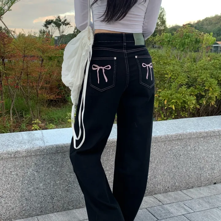 Made![리본포인트🎀/깔끔핏] 핑크 스티치 리본 자수 하이웨스트 와이드팬츠 스트레이트핏 데님 롱팬츠 자체제작 상세 이미지 11