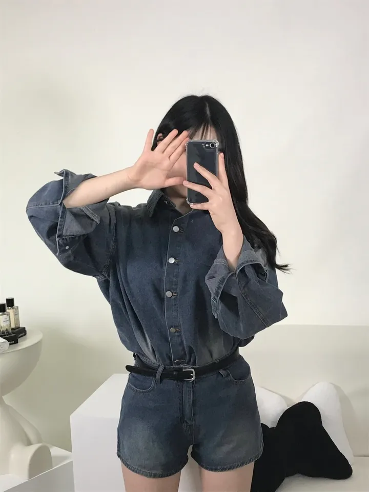 [S,M] 데님 워싱 루즈핏 셔츠+반바지 set 상세 이미지 11