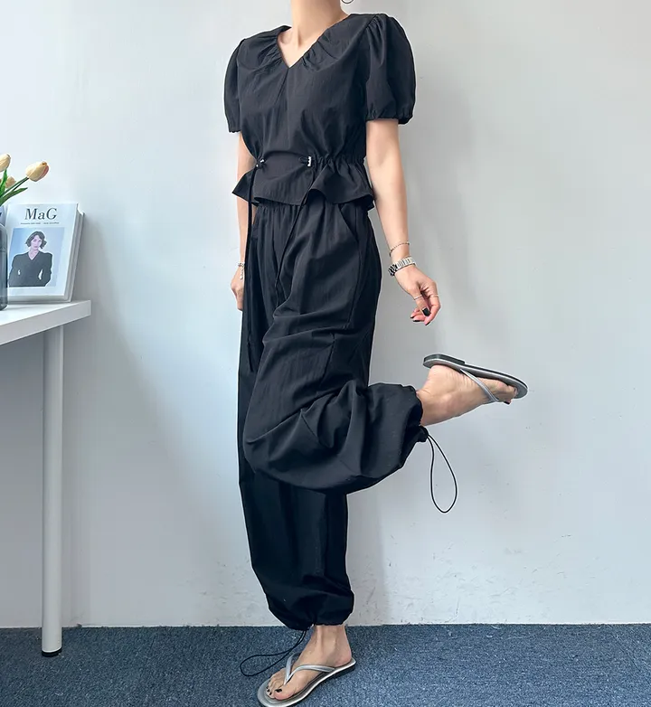 [투웨이/구김걱정NO] 애니 브이넥 퍼프양스트링 블라우스 와이드팬츠 여름투피스 세트 상세 이미지 7