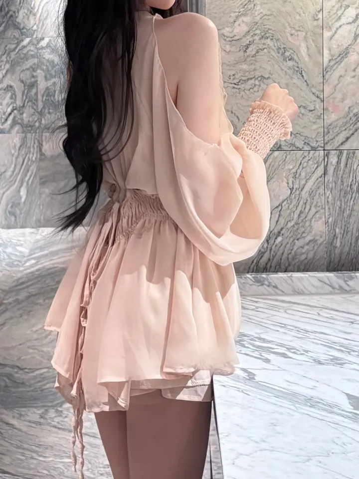 [요정템🧚] 물복숭아 쉬폰 플로럴 어깨트임 3단 코르셋 리본끈 투피스 세트 상세 이미지 9