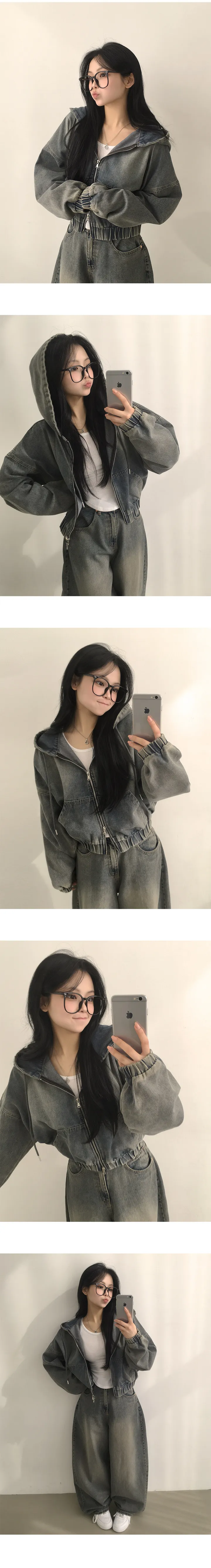 [꾸안꾸/귀여움보장] 러블리 아방핏, 투웨이 루즈핏 후드 포켓 크롭 데님자켓 점퍼 (3color) 상세 이미지 5