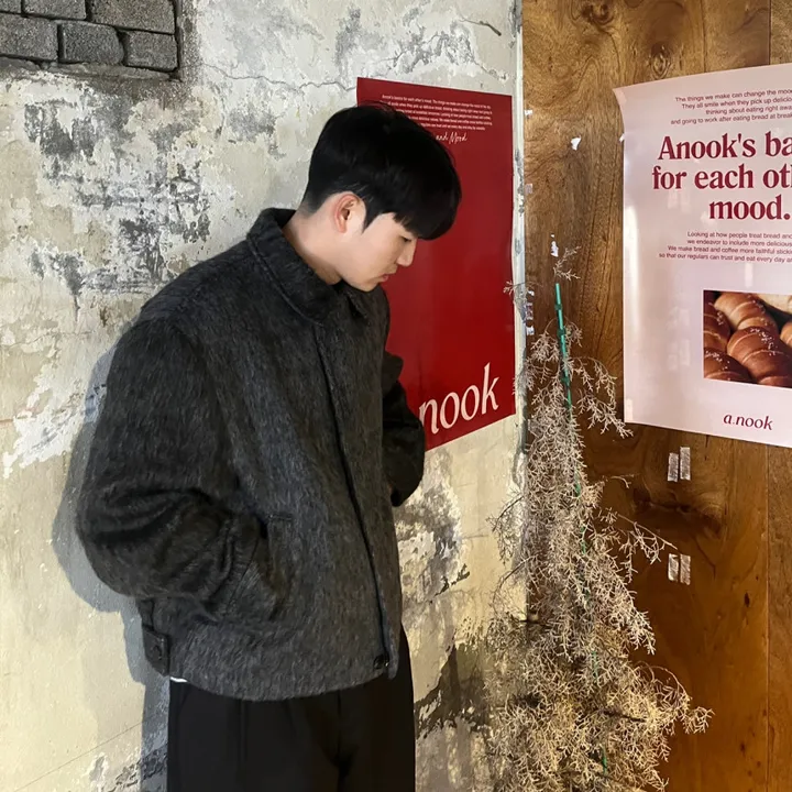 [캐주얼] 배색 남자 커플 오버핏 부클 털 모헤어 울 숏 하프 반 크롭 코트 점퍼 자켓 상세 이미지 14