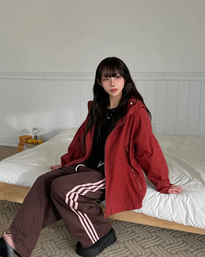 *모델소장[고프코어] 브릭 후드 스트링 오버핏 집업 박시핏 윈드브레이커 자켓 바람막이 (5color) 상세 이미지 3