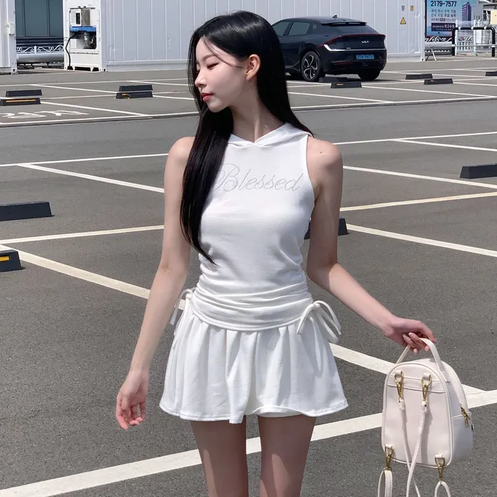 [유니크🖤] 미니 후드 세트 / 후드티 반팔티 투피스 치마바지 플레어 플리츠 레이어드 스커트 민소매 오프숄더 여름반팔 셔링 크롭티 크롭반팔 미니스커트 캉캉치마 캉캉스커트 블랙 상세 이미지 32