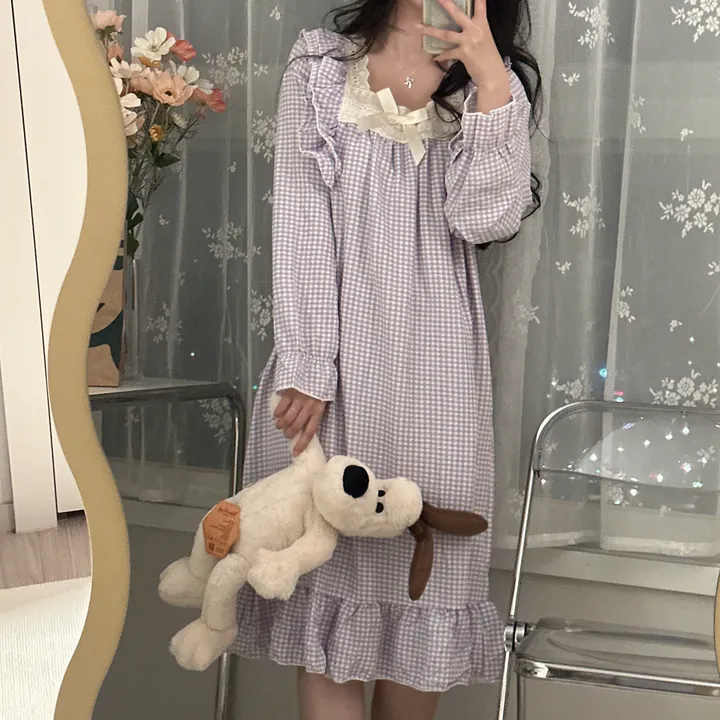 [당일출고/3컬러] 루즈핏 귀여운 스몰 체크 오버핏 긴팔 원피스 파자마 잠옷 상세 이미지 15