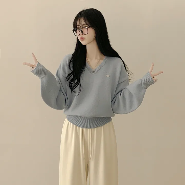 [파스텔색감💭/도톰폭닥~] 와펜포인트 아방핏 브이넥 루즈핏 허리잘록 긴팔니트 상세 이미지 13