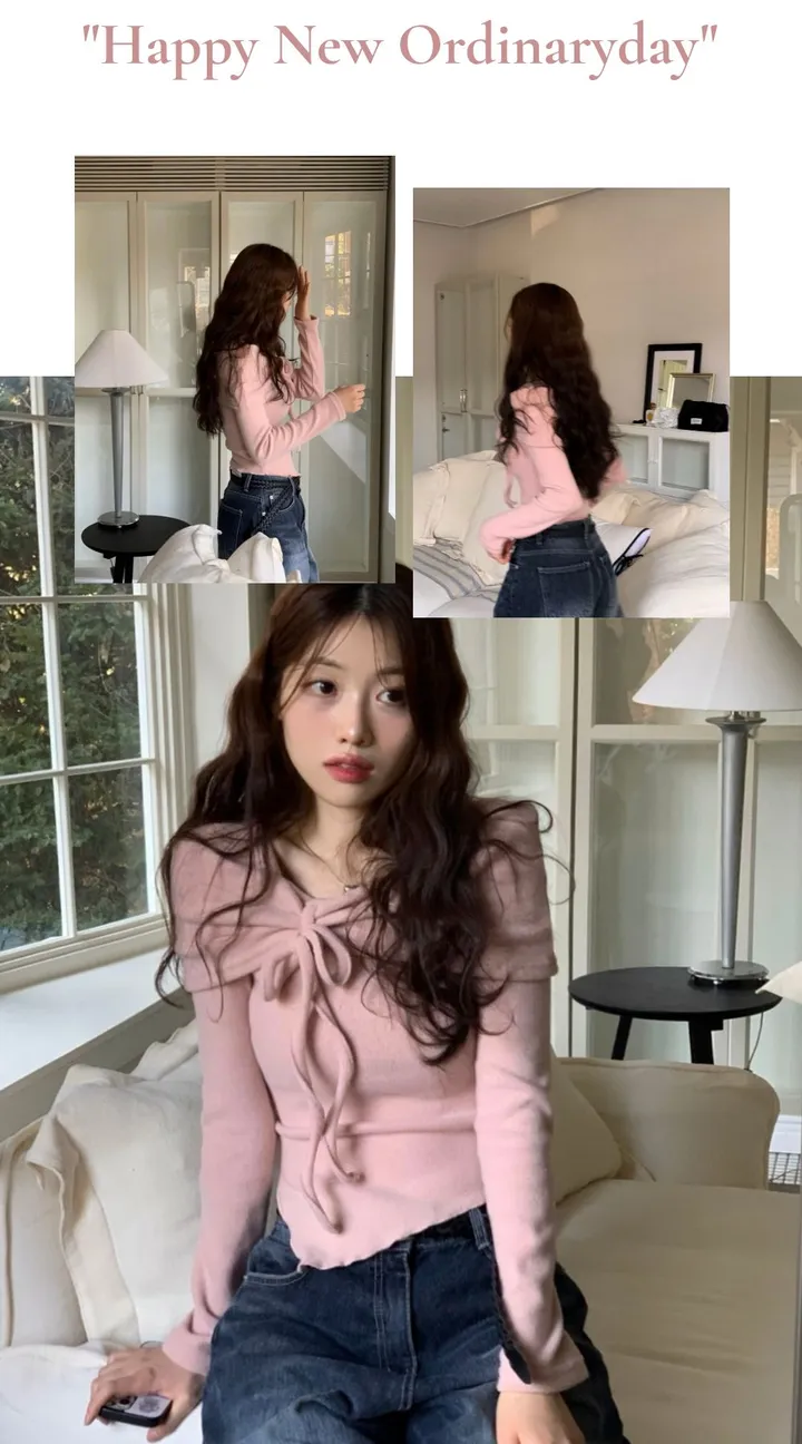 [흘러내림x/NO기모추가!/기모원단]샤비 리본 셔링 여리핏 오프숄더 물결 롱슬리브 니트 3color 상세 이미지 15