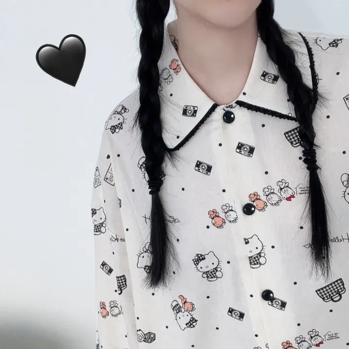 🖤[당일출고/정품/최저가!]🖤 헬로키티 잠옷 파자마 상하세트 면 레이온 봄 가을 박시핏 빅사이즈 오버핏 루즈핏 캐릭터 산리오 땡땡이 도트 원카라 블랙 레이스 선물 파자마파티 상세 이미지 2