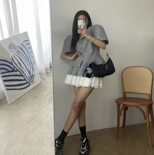 *(한정특가/어깨패드)* 하인즈 퍼프 반팔자켓 레이스큐롯 세트 투피스 하객룩 데이트룩 커플룩코디템 여름자켓 반바지 스커트 치마 상세 이미지 1