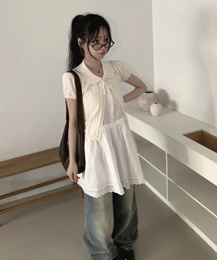 [러블리🌷반팔가디건] 게일 둥근 카라 리본 스트랩 크롭 반팔 가디건 봄 여름 가을 / 여름가디건 남방 크롭티 반팔티 흰티 이너티 아우터 뮤잉 상세 이미지 19