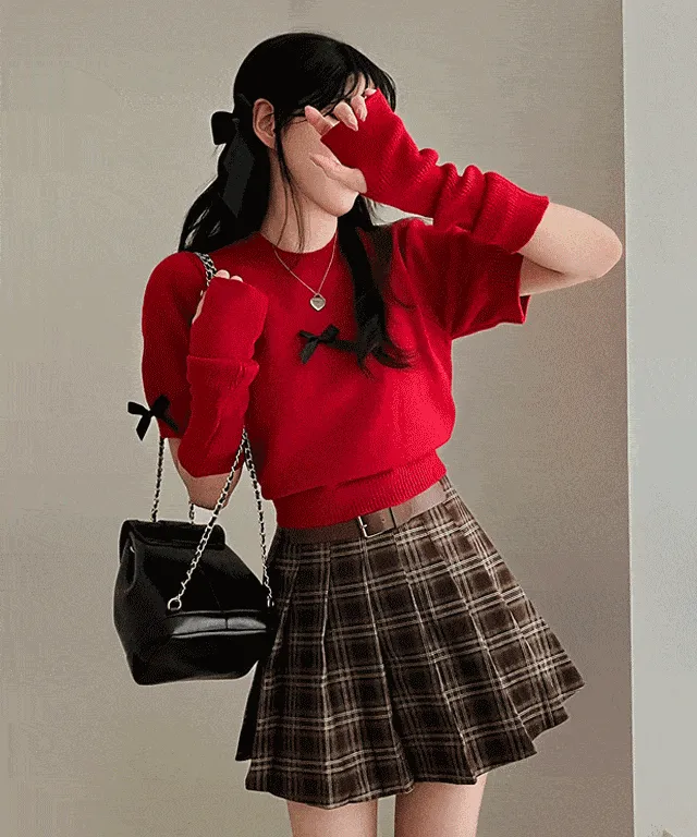 [리본탈부착O!] 연말 주인공, 마이메리 리본 핸드워머 반팔 니트 투피스 세트