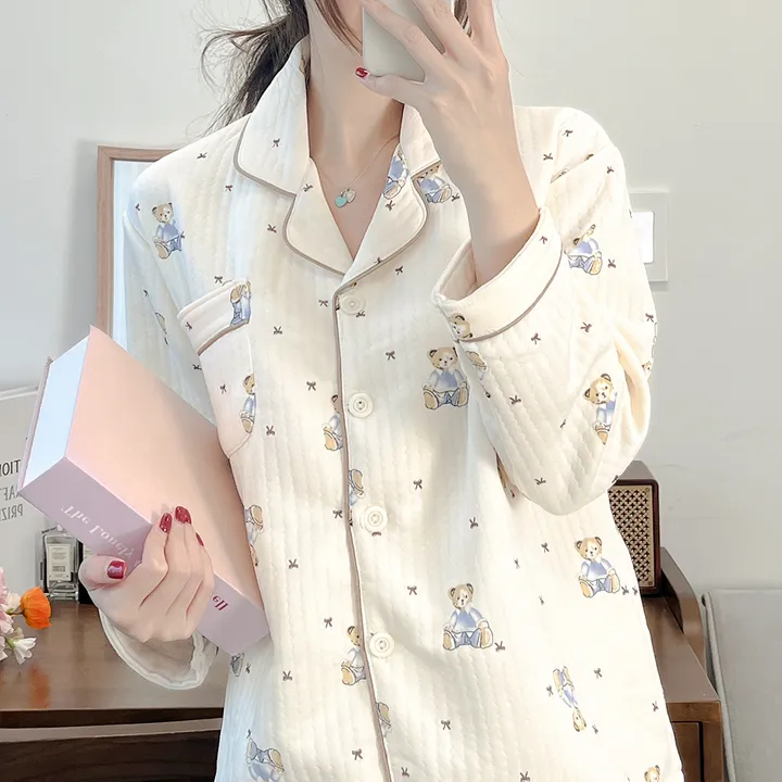 [New레이스 누빔] 귀여워 베이비 곰돌이 누빔 베이지 아이보리 테디베어 포켓 셔츠 겨울 긴팔 파자마 잠옷 세트 #B.Night #3049 상세 이미지 10