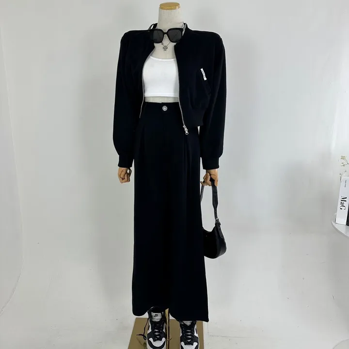 [패드내장/데일리/캐주얼/세트가격/봄투피스💞] 루즈핏 포켓 미니패치 패드 크롭 쭈리 투웨이 집업 + 하이 뒷밴딩 핀턱 롱 슬랙스 와이드팬츠 SET (3COLOR) 상세 이미지 20