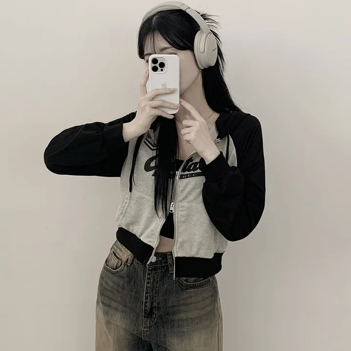 [y2k!힙무드] 투웨이 레터링 프린팅 나그랑 배색 크롭 후드집업 상세 이미지 9