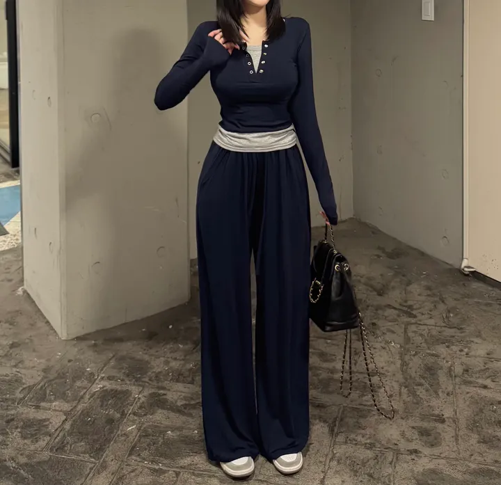 [시원찰랑💕/세트가격] 배색 레이어드 티셔츠 찰랑 와이드팬츠 세트 상세 이미지 6