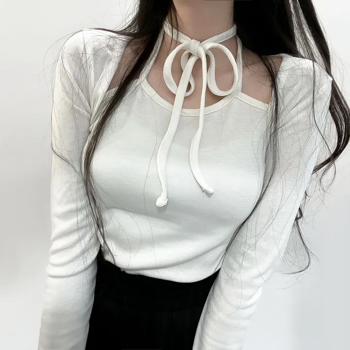 봄신상🌺 [모델강추/3color] 홀터넥 리본 스트랩 어깨 트임 티셔츠 상세 이미지 14