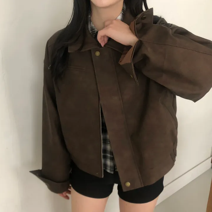 [고급레더!핏보장🤎]매트 무광 오버핏 가죽 레더 스웨이드 블루종 자켓 점퍼 2color 상세 이미지 13