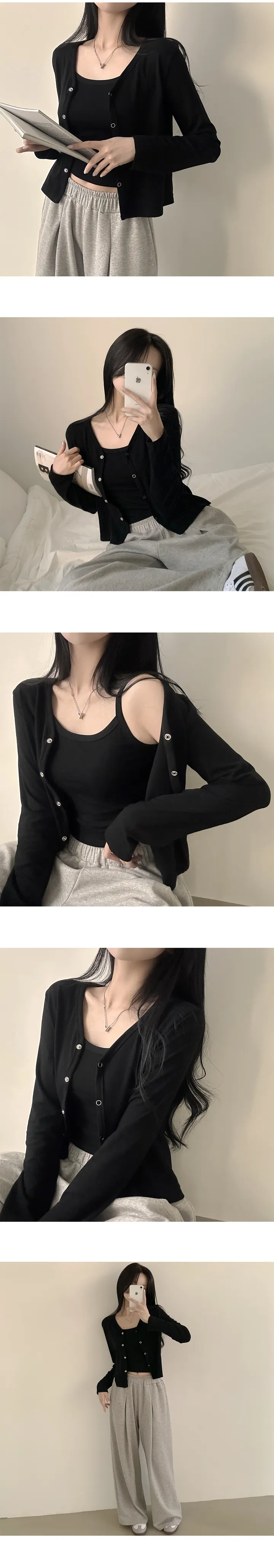 [꾸안꾸/나시+가디건set] 여리여리~ 또또 무지 브이넥 크롭 긴팔가디건 + 크롭 나시 투피스 세트 (4color) 상세 이미지 7