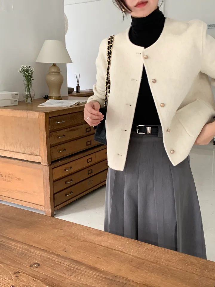 피넛 노카라 골드버튼 여성 겨울 포켓 세미 루즈핏 여자 핸드메이드 코트 상세 이미지 1