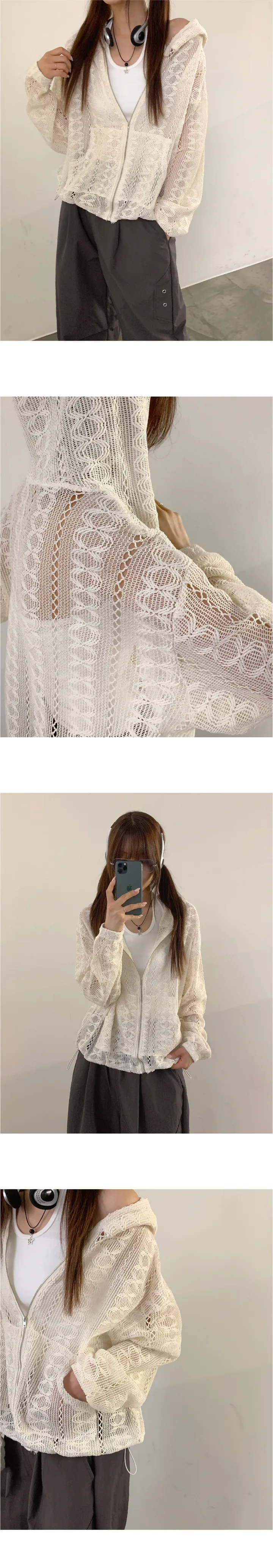 런터 빈티지 레이스 펀칭 시스루 니트 후드 집업 가디건 상세 이미지 4