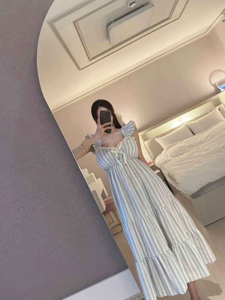 🖤주문폭주🖤 [캡내장] 프릴 스트라이프 민소매 원피스 여름 잠옷 홈웨어 파자마 상세 이미지 5