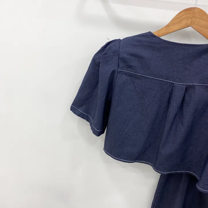 [SET!]데님 스티치 스퀘어넥 크롭 퍼프 자켓 롱 와이드 팬츠 투피스 세트 1color 상세 이미지 10