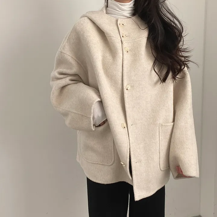 (껴입어도 넉넉한 사이즈) 오버핏 울 핸드메이드 후드 하프코트 상세 이미지 18