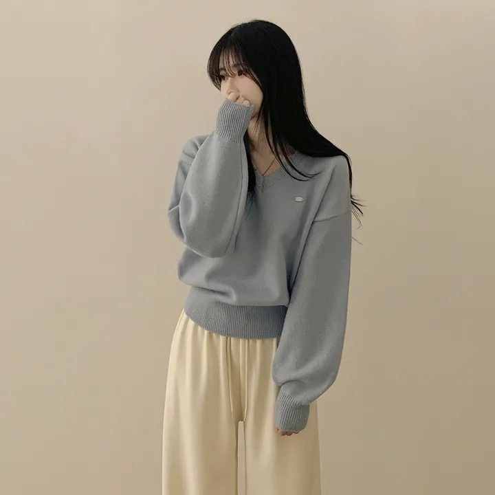 [파스텔색감💭/도톰폭닥~] 와펜포인트 아방핏 브이넥 루즈핏 허리잘록 긴팔니트 상세 이미지 14