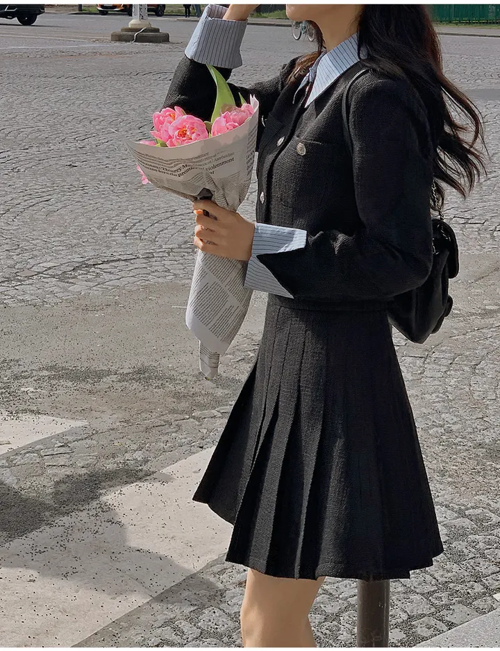 [44-120] [1천장 돌파✨] 루미네르 트위드 배색 카라넥 뒷밴딩 플리츠 투피스 세트 상세 이미지 20