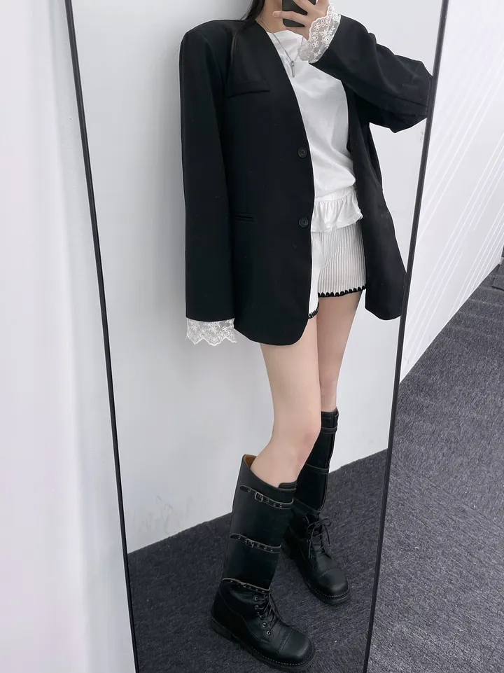 *핏대박레이스자켓* 봄옷 자켓 오버핏 레이어드 레이스 노카라 자켓 박시핏 봄아우터 봄자켓 레이스자켓 상세 이미지 14