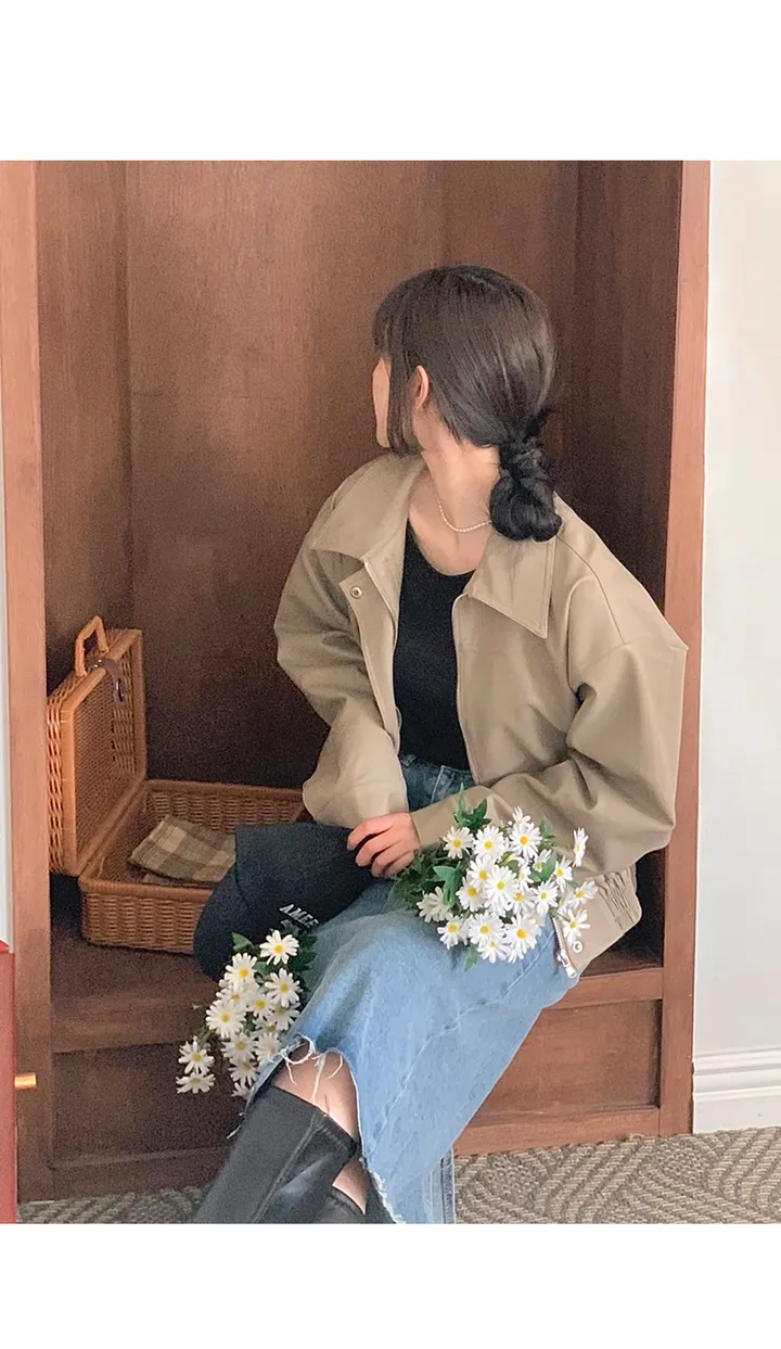 젤라또 카라넥 블루종 히든버튼 레더 가죽자켓 - 3color 상세 이미지 4